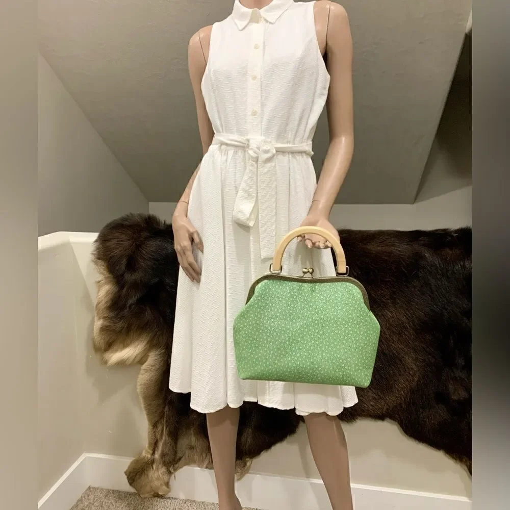 Handmade Genuine Nubuck Leather Embossed Wood Handle Kiss-lock Satchel Bag
